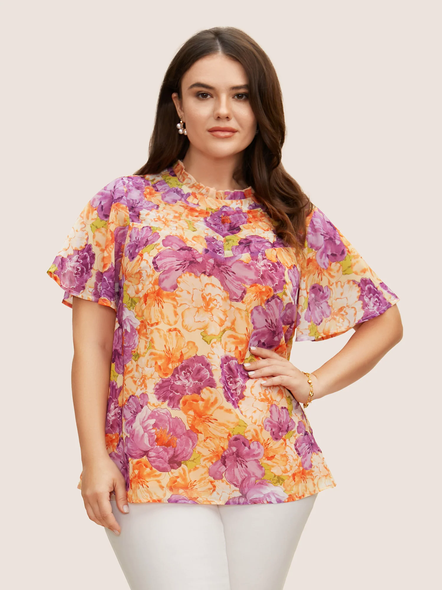 Mock Neck Contrast Floral Flutter Sleeve Blouse