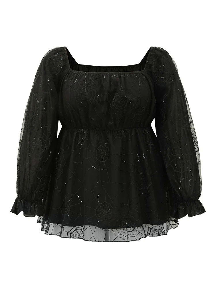 Halloween Square Neck Spider Web Crochet Lace Mesh Blouse Halloween Square Neck Spider Web Crochet Lace Mesh Blouse
