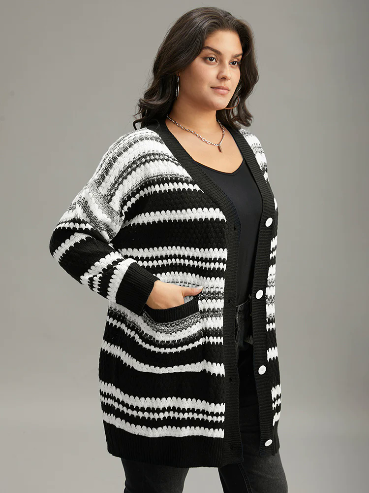 Striped Patched Pocket Button Up Cardigan Striped Patched Pocket Button Up Cardigan