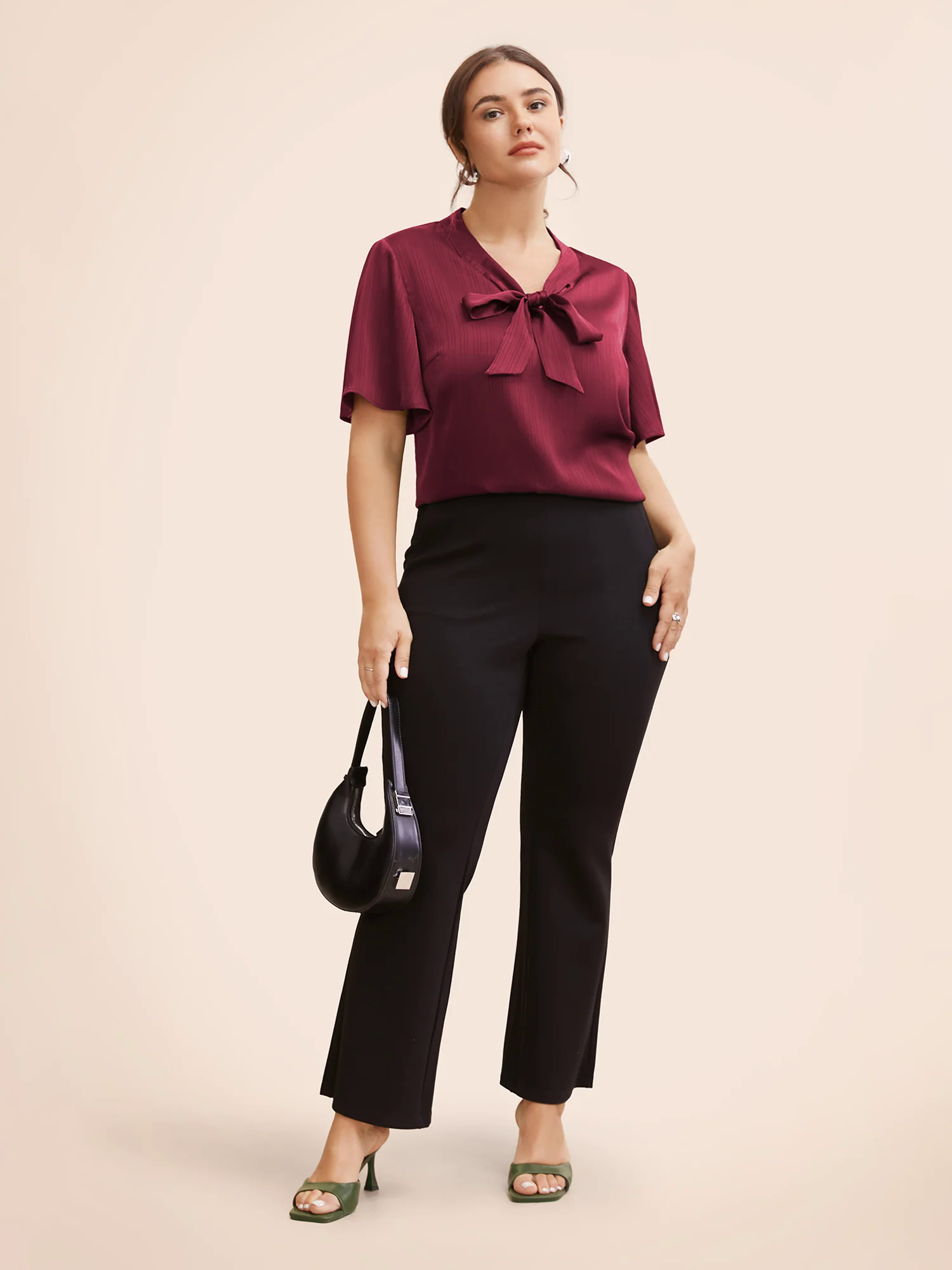 Plain Knot Neck Ruffle Sleeve Blouse Plain Knot Neck Ruffle Sleeve Blouse