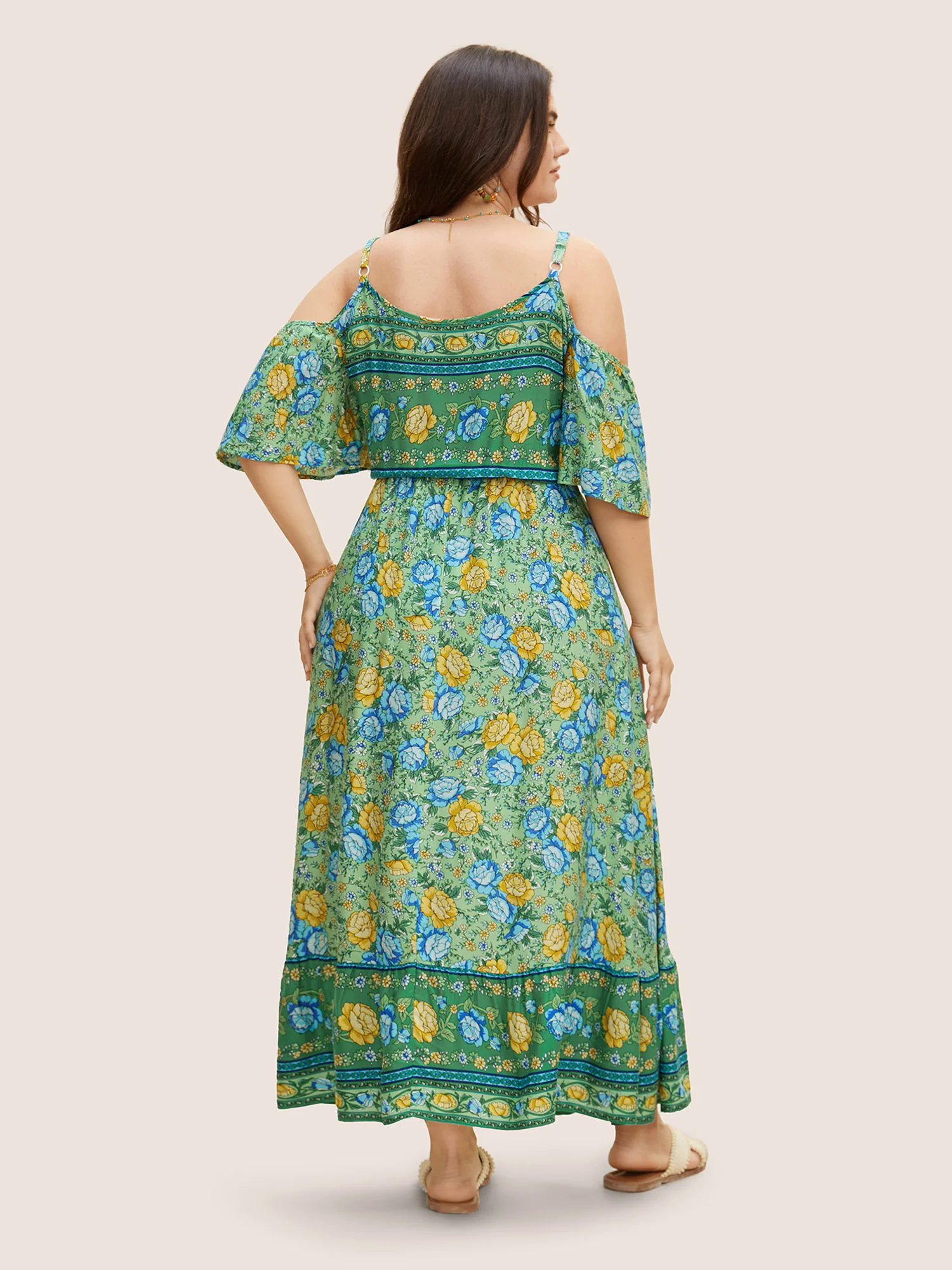 Floral Print Pocket Keyhole Ruffles Cold Shoulder Maxi Dress Floral Print Pocket Keyhole Ruffles Cold Shoulder Maxi Dress