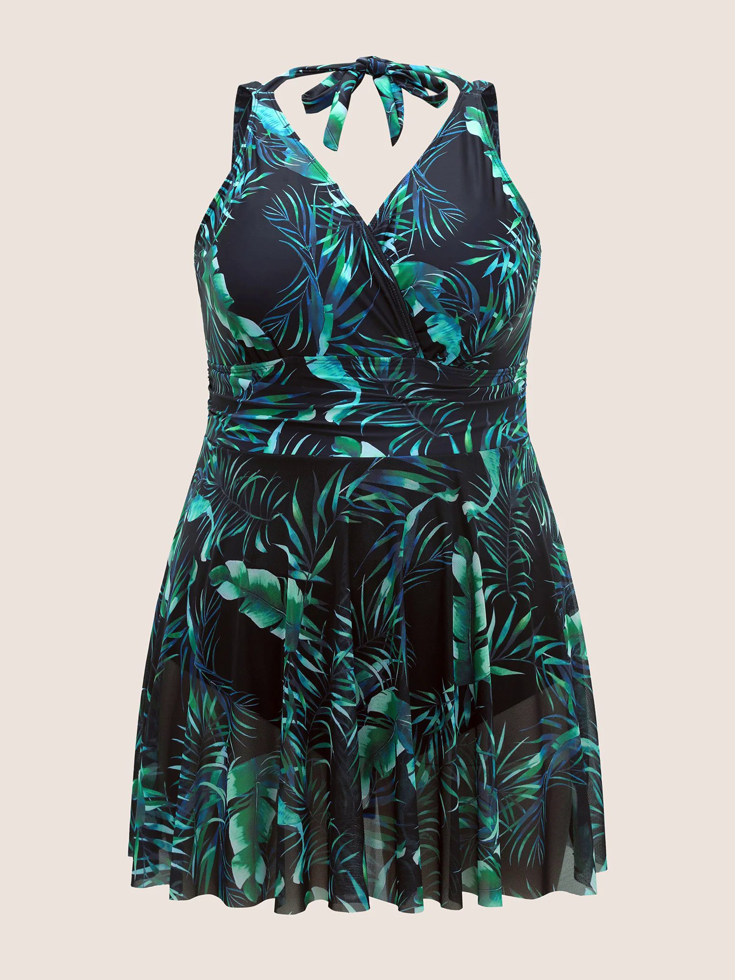 Overlap Collar Tropical Print Mesh Tie Knot Swim Dress Overlap Collar Tropical Print Mesh Tie Knot Swim Dress