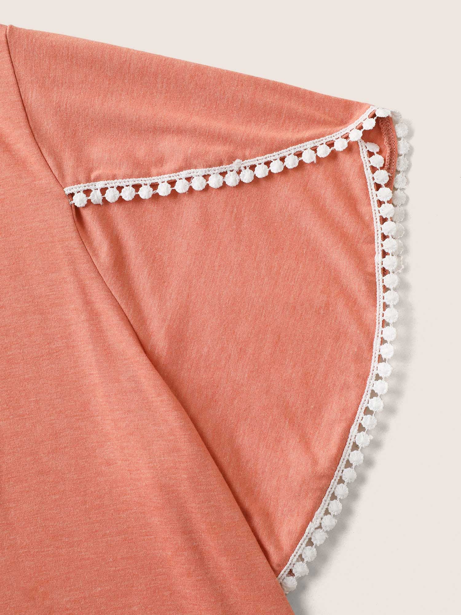 Plain Pompom Trim Petal Sleeve T-shirt Plain Pompom Trim Petal Sleeve T-shirt