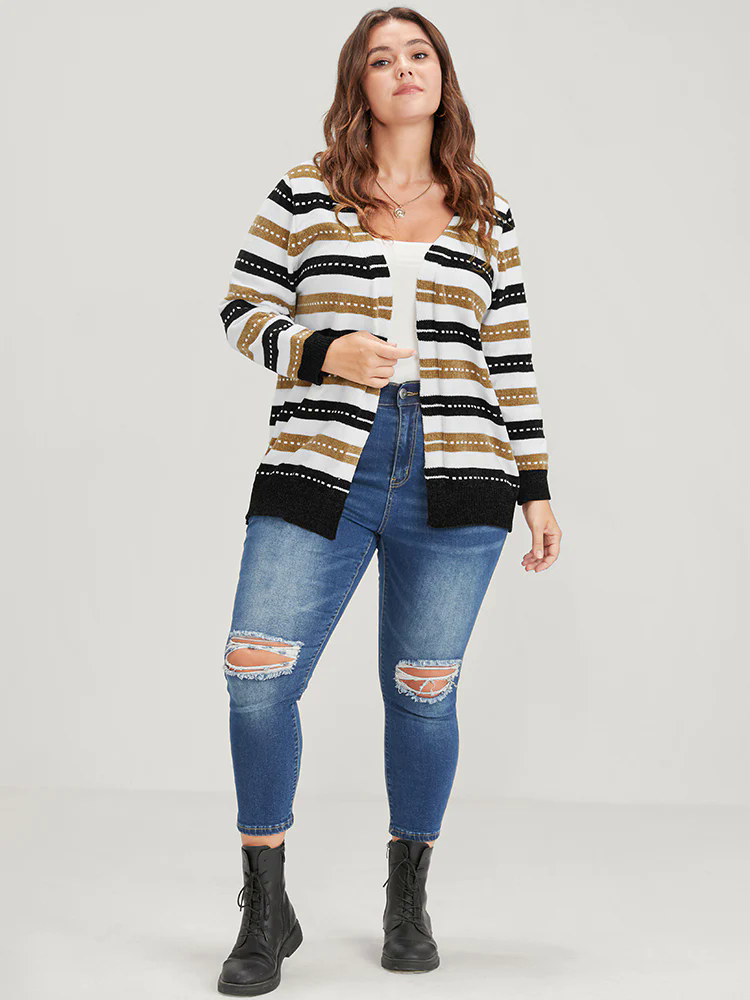 Striped Contrast Pointelle Knit Jacquard Open Front Cardigan Striped Contrast Pointelle Knit Jacquard Open Front Cardigan