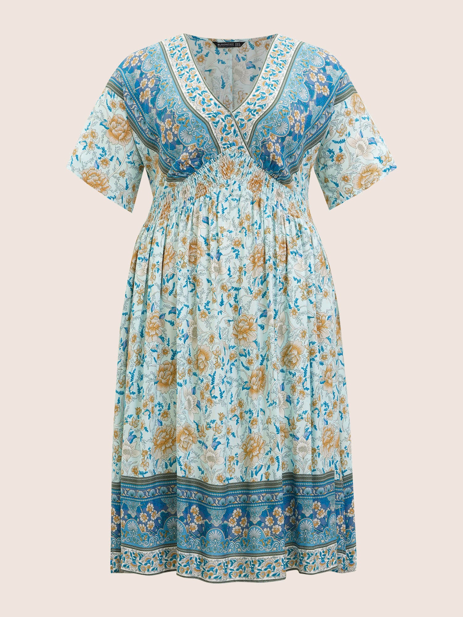 Floral Dolman Sleeve Ruffles Shirred Split Hem Dress Floral Dolman Sleeve Ruffles Shirred Split Hem Dress