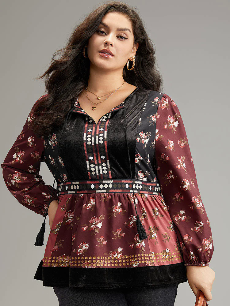 Velvet Floral Contrast Knot Neck Tassel Blouse Velvet Floral Contrast Knot Neck Tassel Blouse