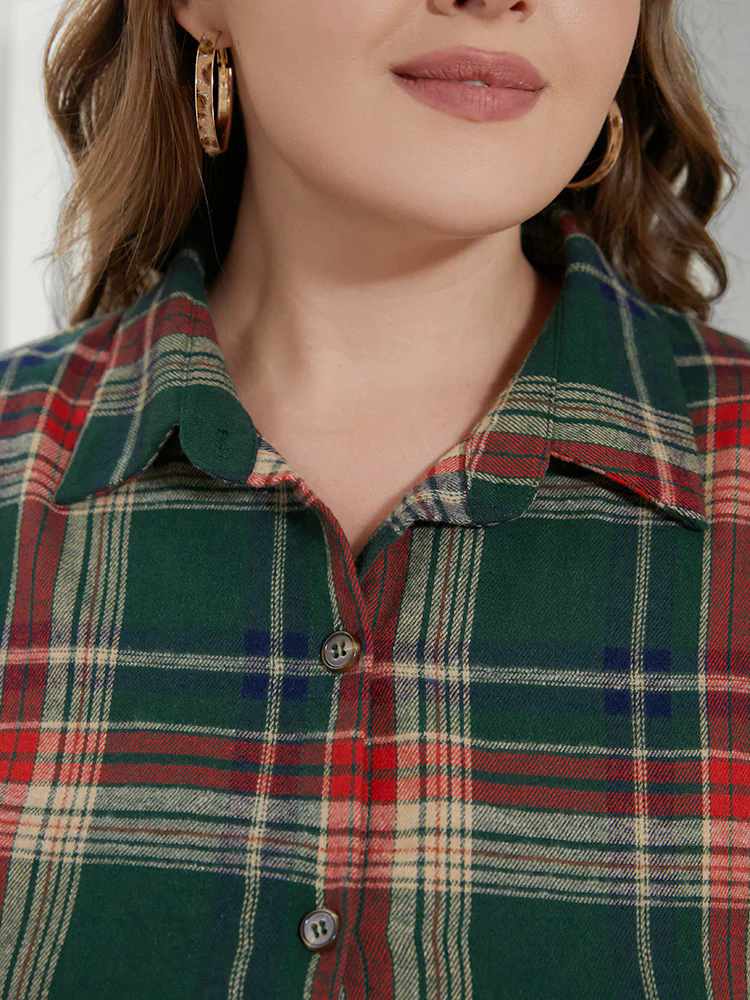 Plaid Shirt Collar Button Belted High Low Hem Blouse Plaid Shirt Collar Button Belted High Low Hem Blouse