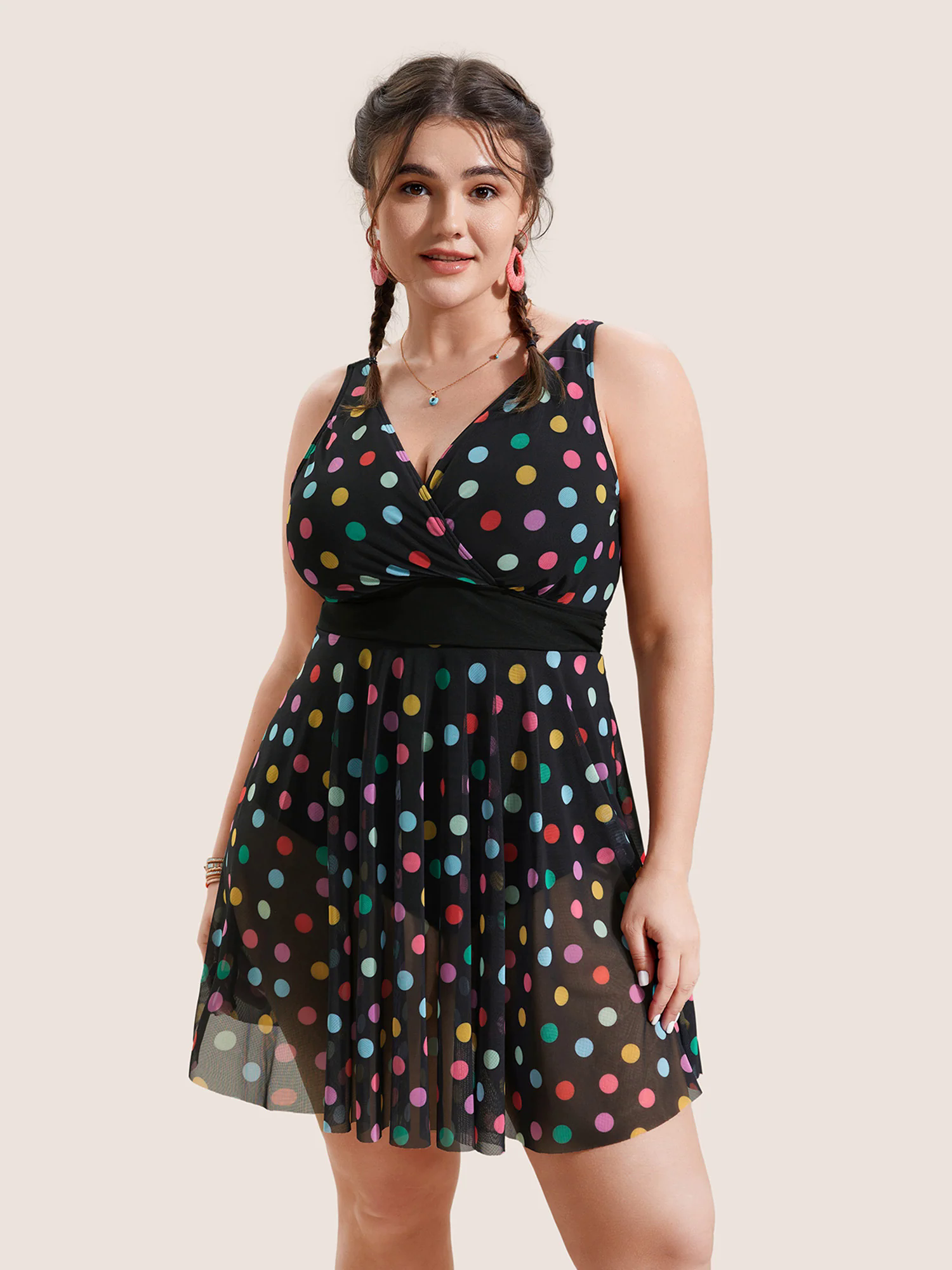 Overlap Collar Colored Polka Dot Swim Dress