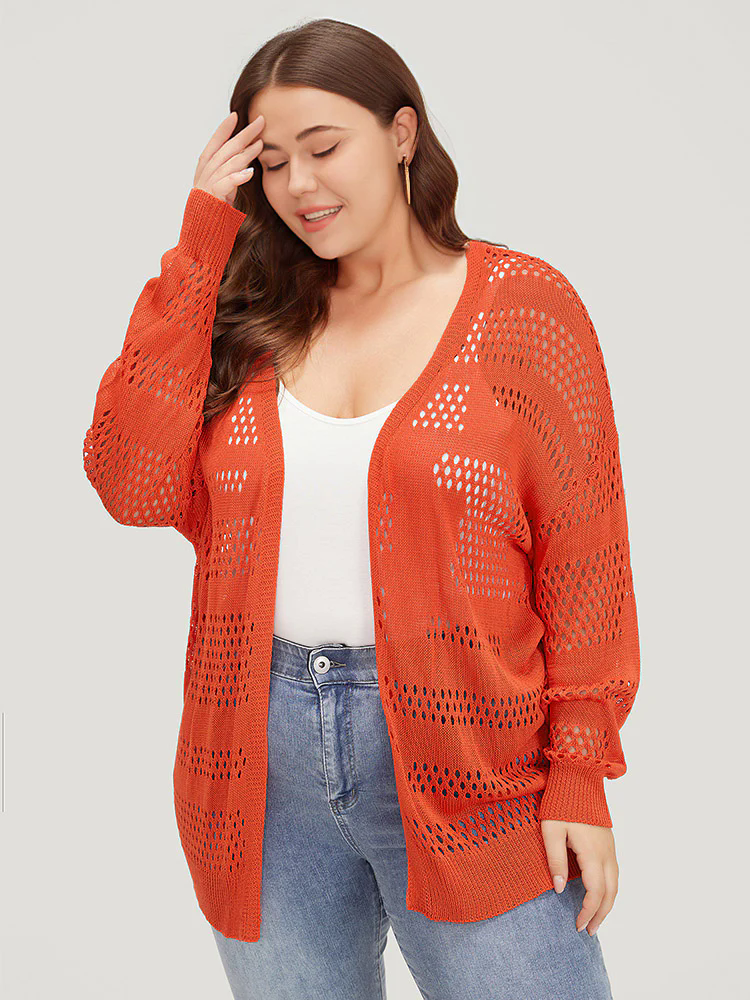 Plain Open Front Elastic Sleeve Cut Out Cardigan