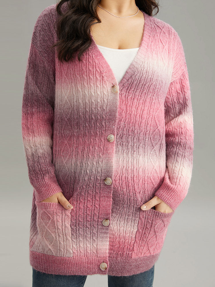 Ombre Cable Knit Patched Pocket Cardigan Ombre Cable Knit Patched Pocket Cardigan