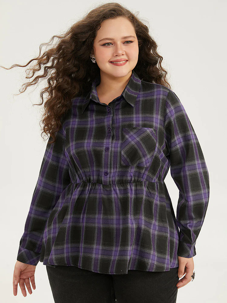 Halloween Plaid Shirt Collar Button Up Pocket Blouse Halloween Plaid Shirt Collar Button Up Pocket Blouse