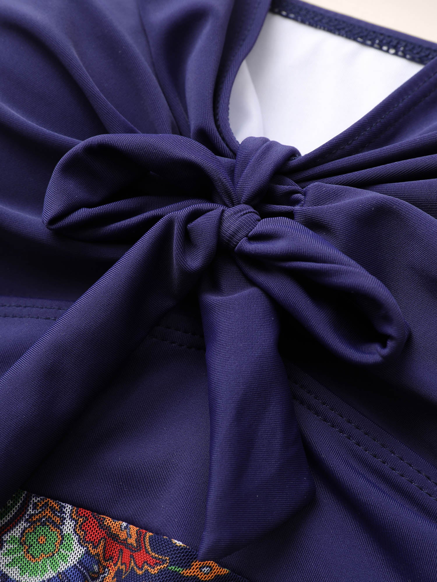 Patchwork Ruched Knot Asymmetrical Hem Swim Dress Patchwork Ruched Knot Asymmetrical Hem Swim Dress