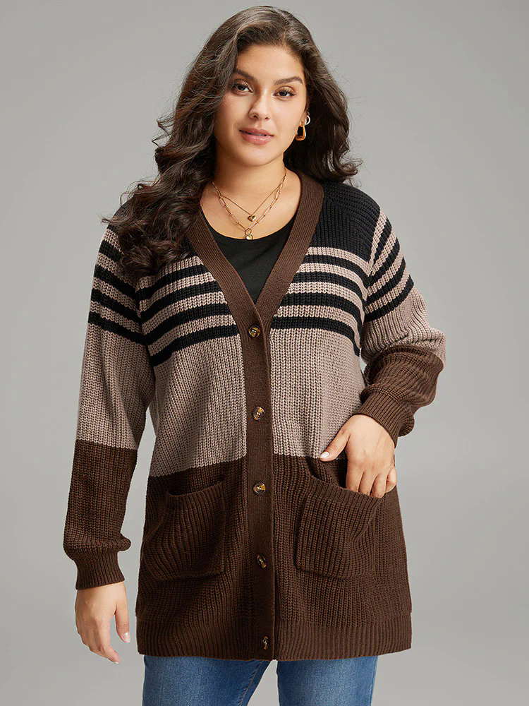 Striped Colorblock Patched Pocket Cardigan Striped Colorblock Patched Pocket Cardigan