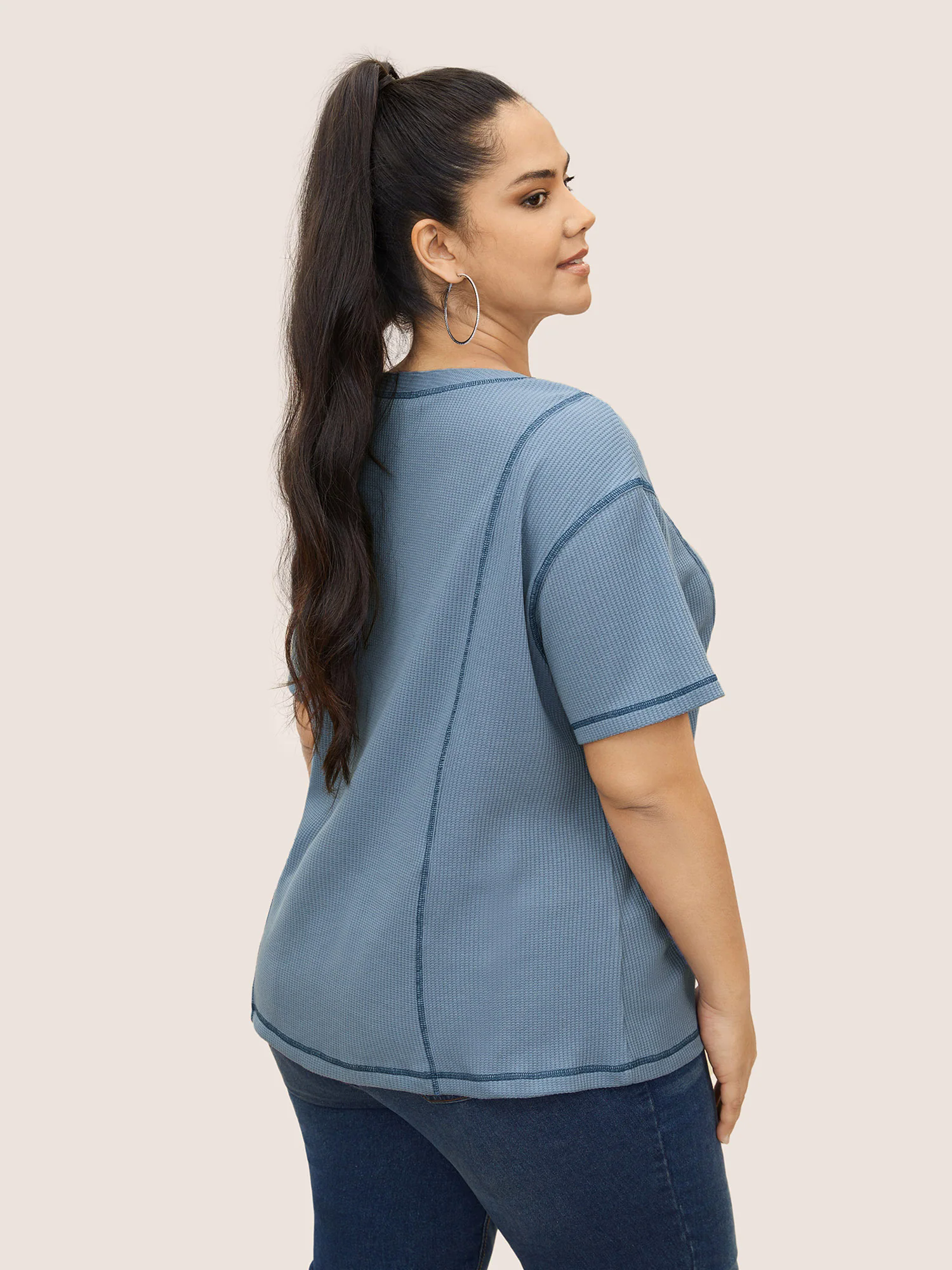 Waffle Knit Round Neck Button Up T-shirt Waffle Knit Round Neck Button Up T-shirt