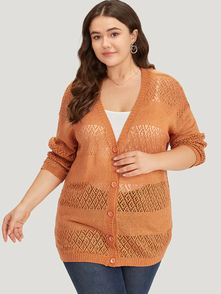 Plain Geometric Eyelet Button Through Loose Cardigan