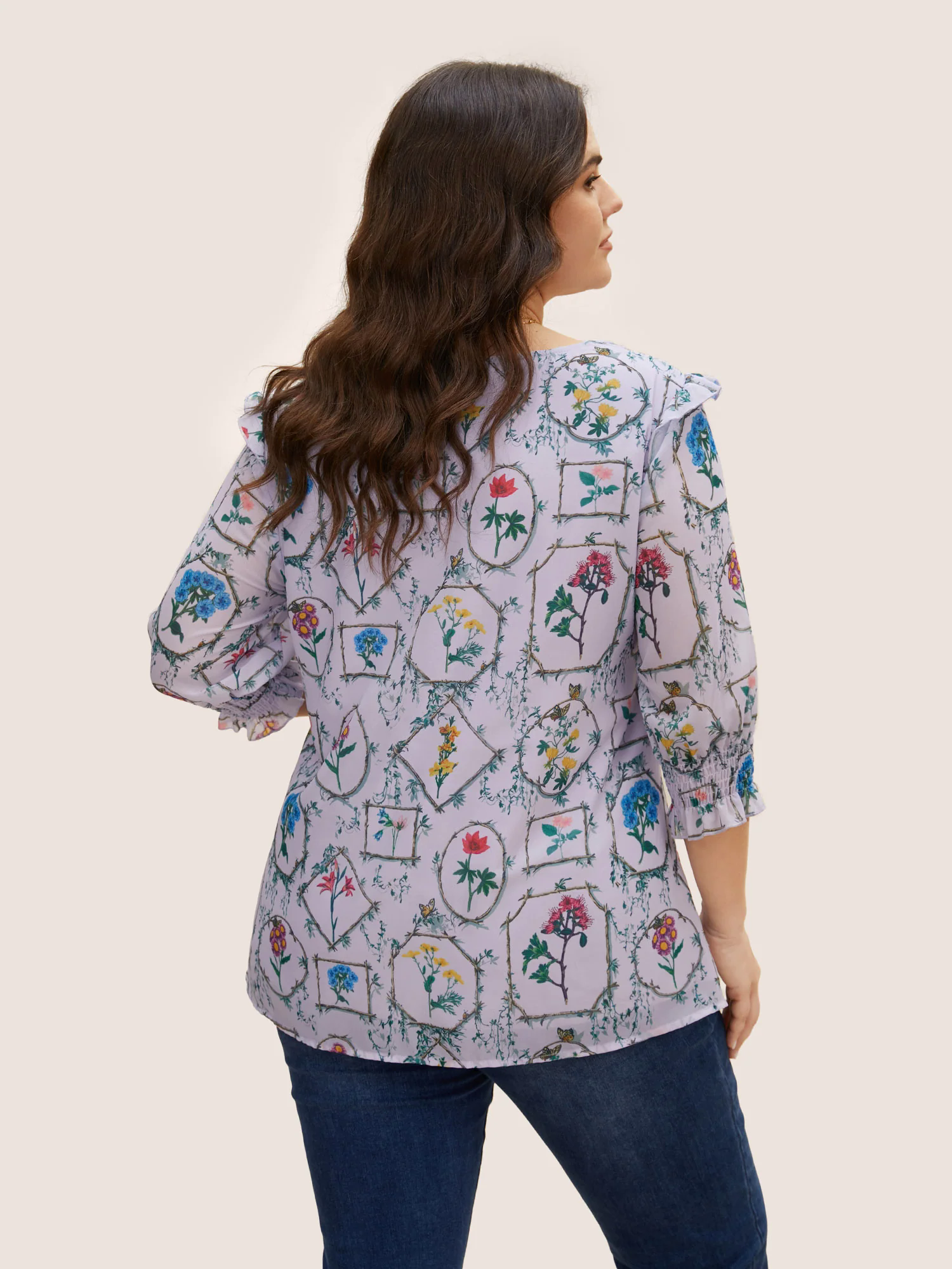Boho Print Lantern Sleeve Ruffle Trim Blouse