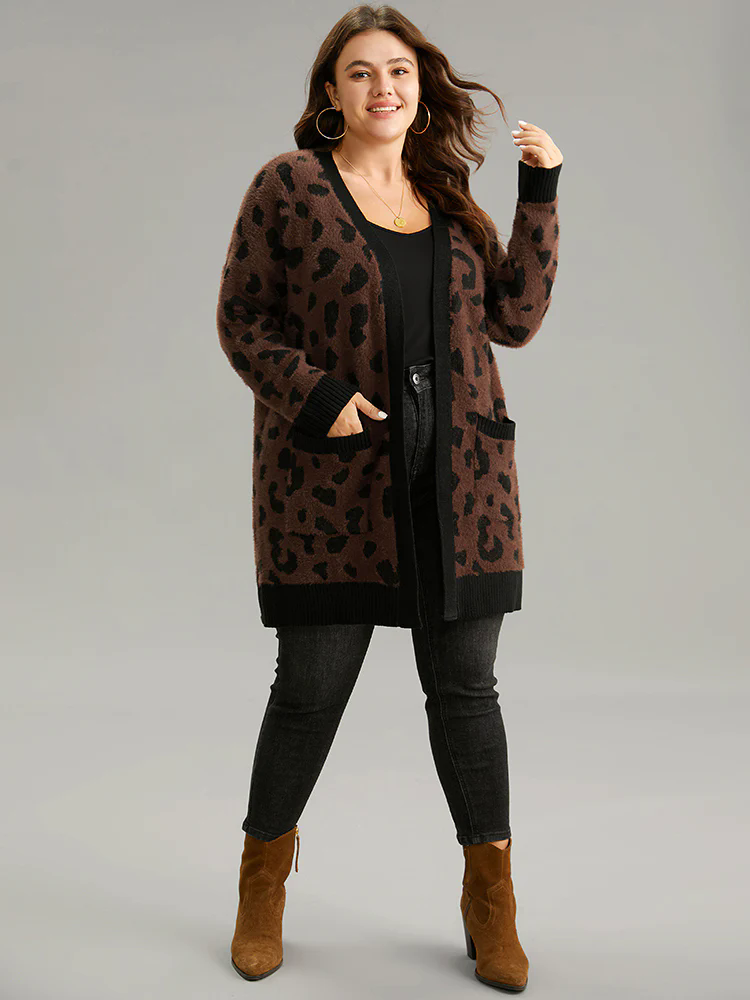 Leopard Contrast Open Front Jacquard Cardigan Leopard Contrast Open Front Jacquard Cardigan