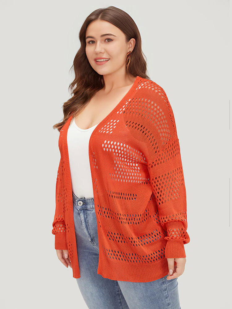 Plain Open Front Elastic Sleeve Cut Out Cardigan