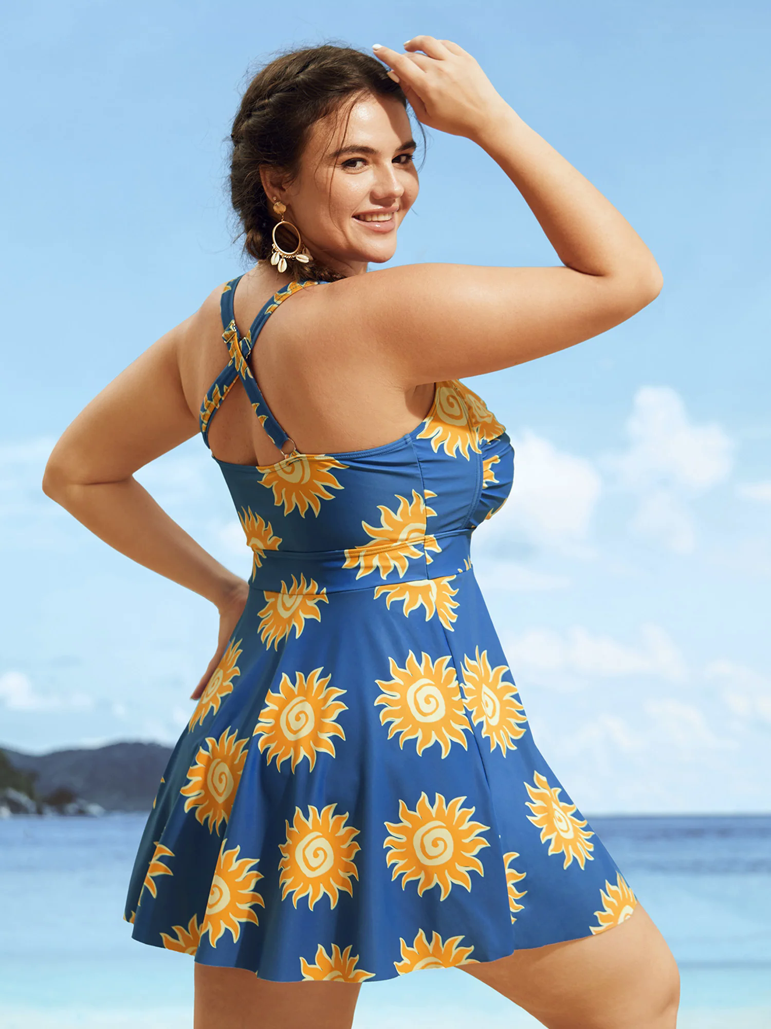 Heart Neckline Sun Print Crossover Swim Dress Heart Neckline Sun Print Crossover Swim Dress