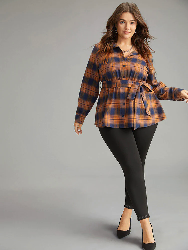 Plaid Elastic Waist Shirt Collar Blouse Plaid Elastic Waist Shirt Collar Blouse