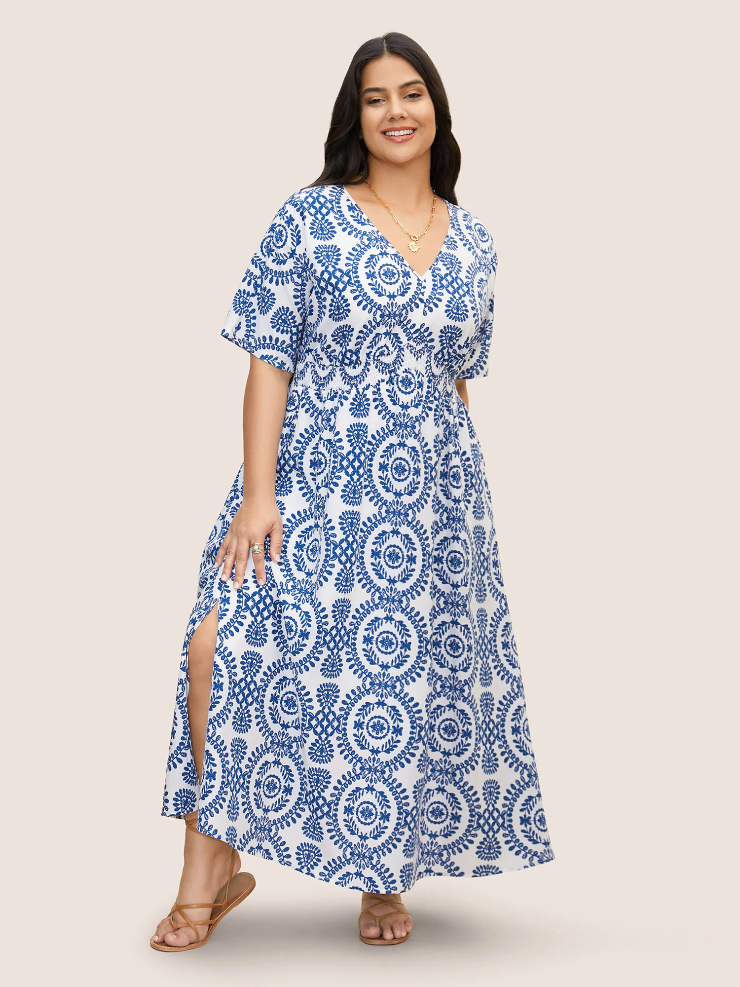 Bandana Print Shirred Split Side Maxi Dress