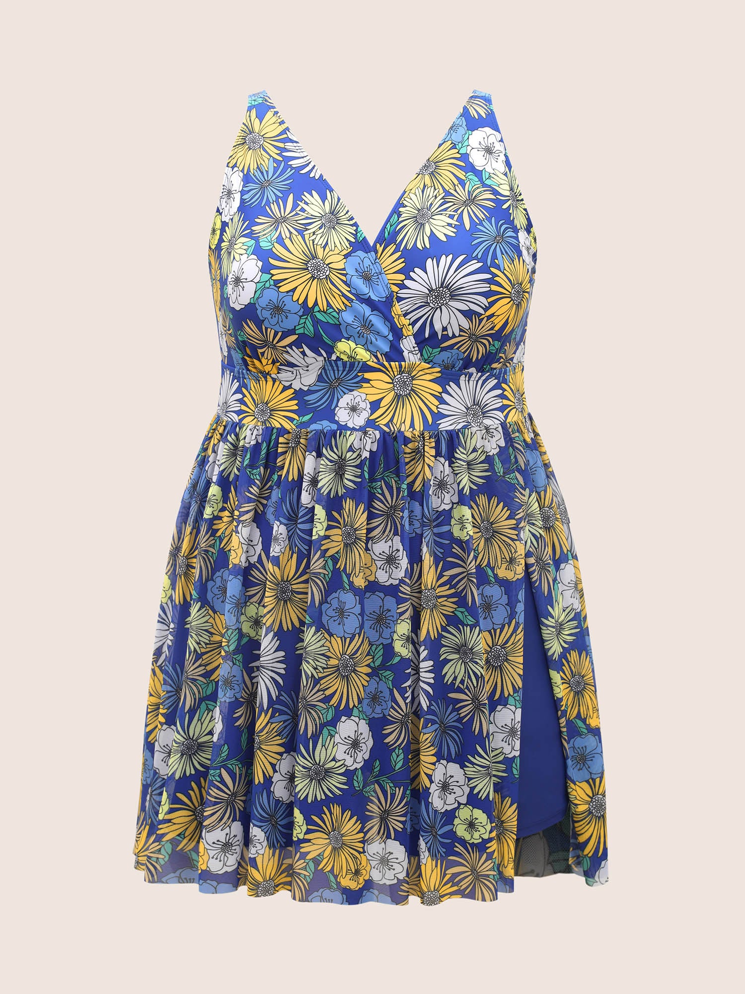 Overlap Collar Floral Mesh Split Side Swim Dress Overlap Collar Floral Mesh Split Side Swim Dress
