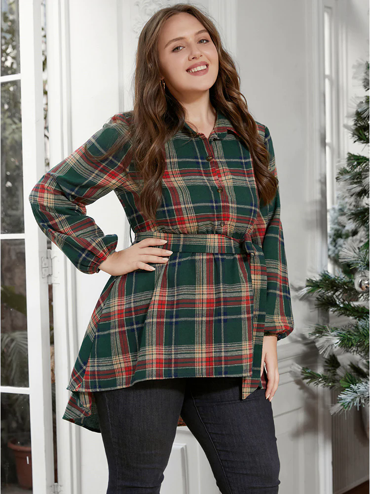 Plaid Shirt Collar Button Belted High Low Hem Blouse Plaid Shirt Collar Button Belted High Low Hem Blouse