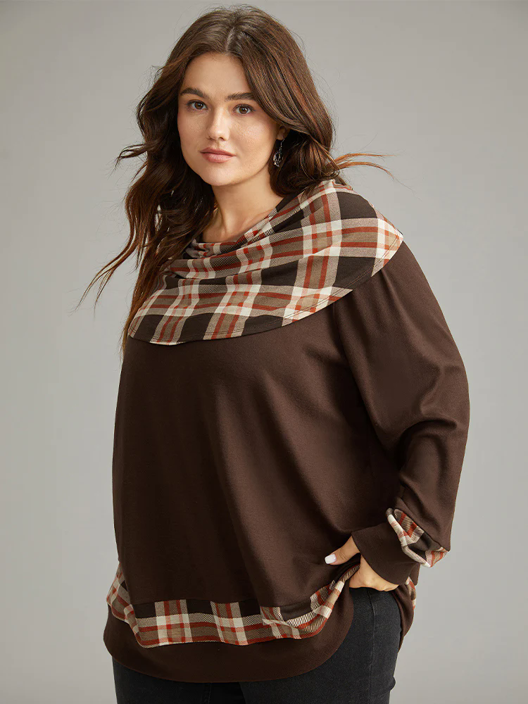Halloween Plaid Patchwork Cowl Neck T-shirt