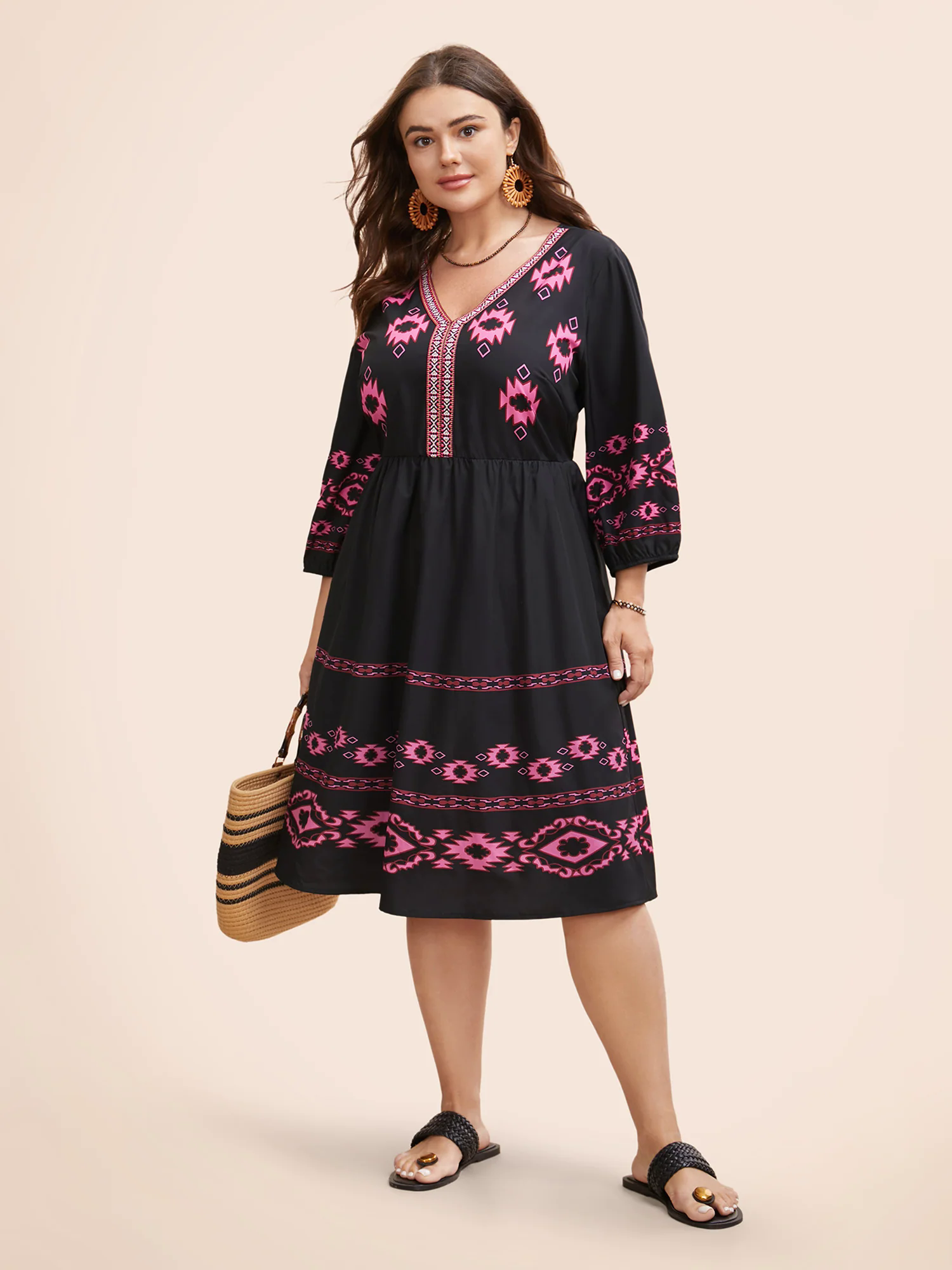 V Neck Bandana Print Elastic Waist Dress V Neck Bandana Print Elastic Waist Dress