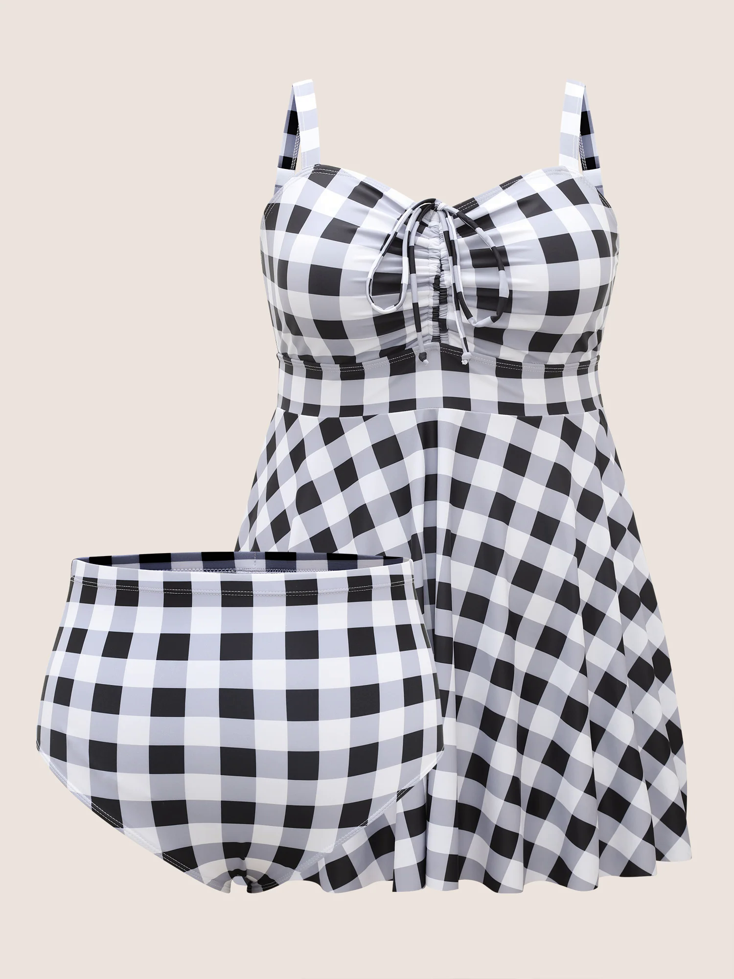 Plaid Heart Neckline Drawstring Ruched Swim Dress Plaid Heart Neckline Drawstring Ruched Swim Dress