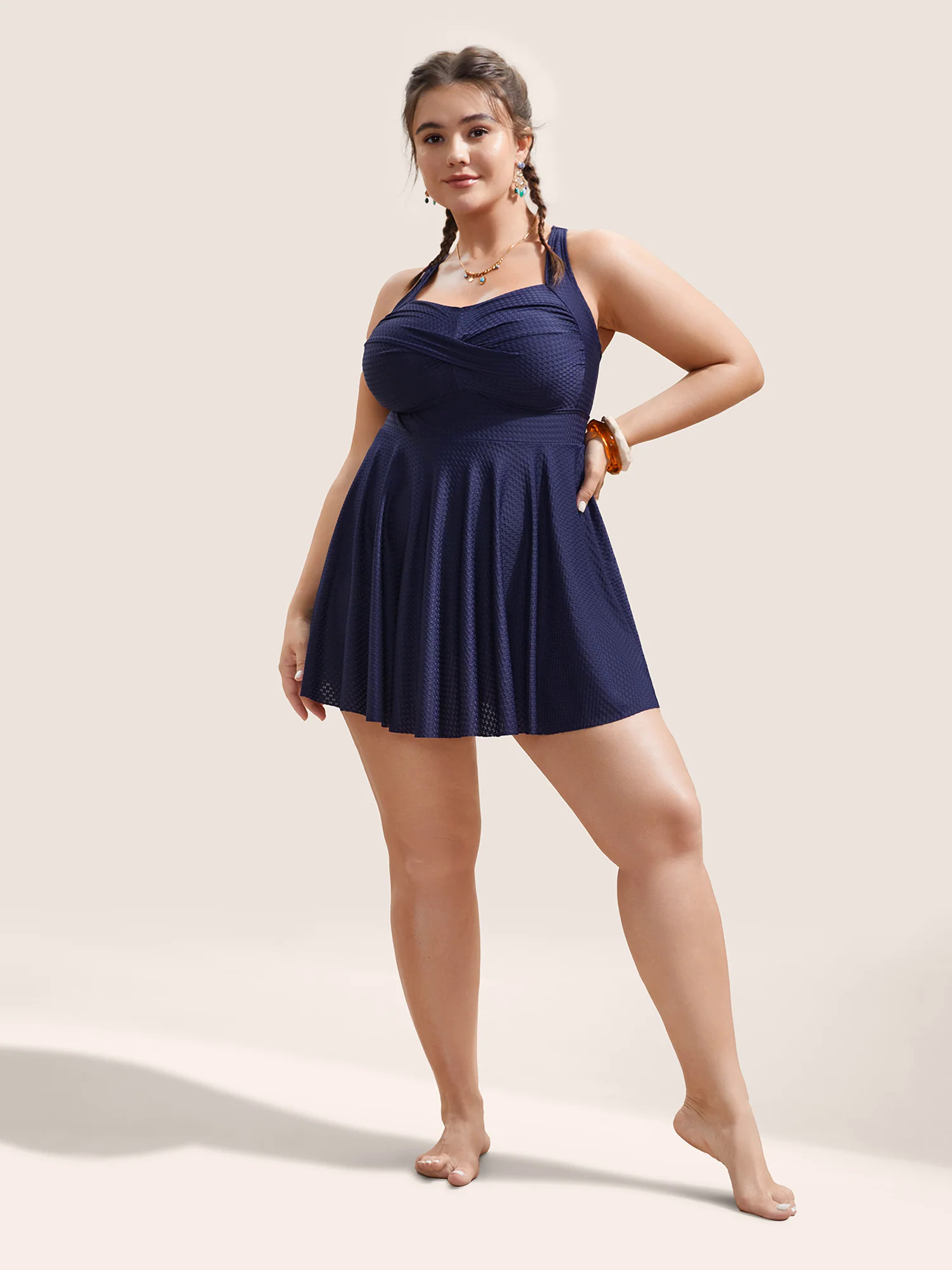 Plain Textured Crossover Bodycon Swim Dress Plain Textured Crossover Bodycon Swim Dress