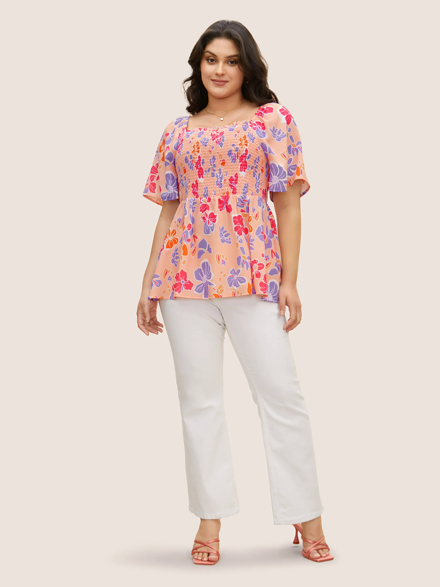 Floral Square Neck Frill Trim Shirred Blouse Floral Square Neck Frill Trim Shirred Blouse