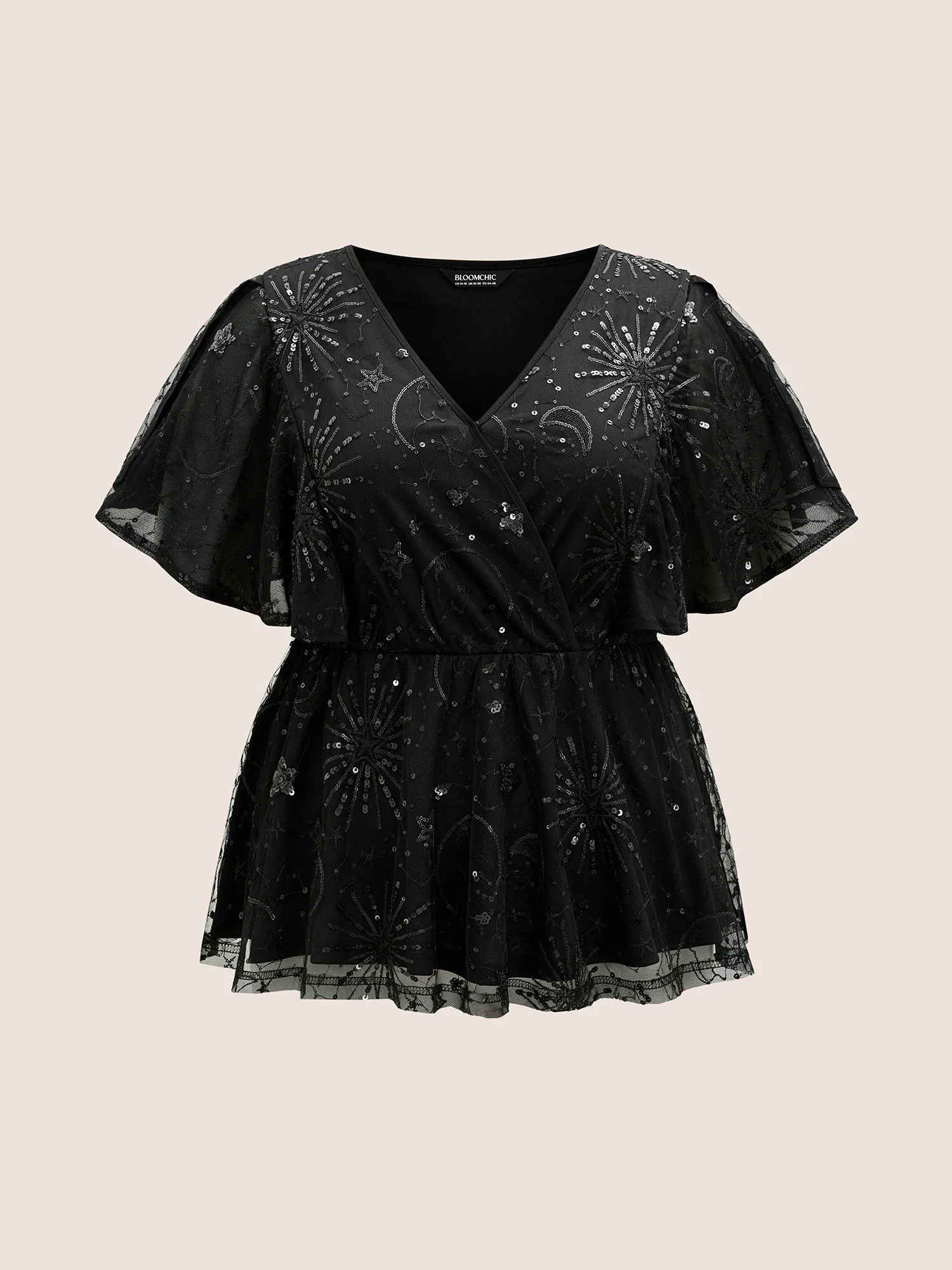 Overlap Collar Star Sequin Mesh Embroidered T-shirt Overlap Collar Star Sequin Mesh Embroidered T-shirt
