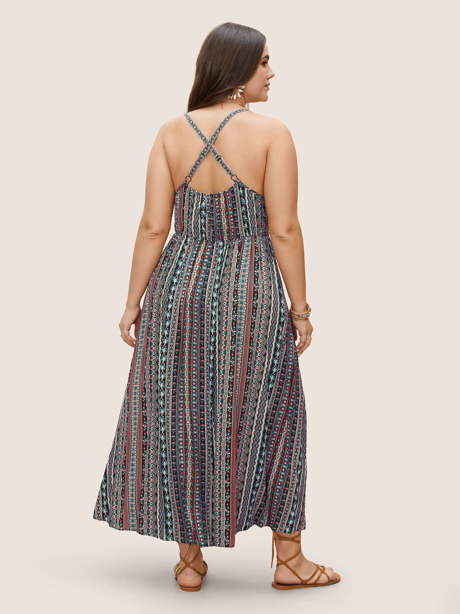 Boho Print Elastic Waist Split Hem Cami Dress