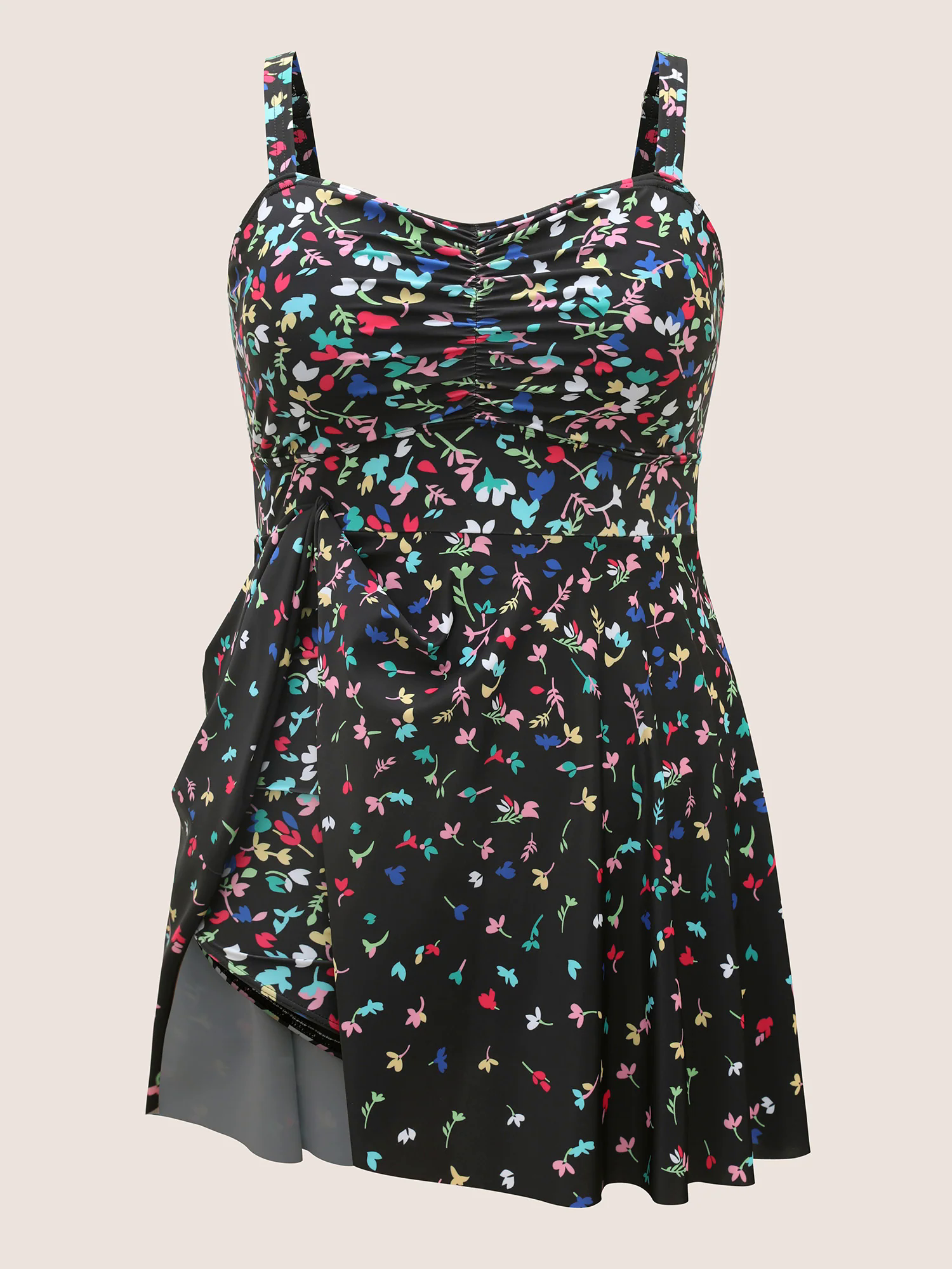 Contrast Floral Heart Neckline Ruched Swim Dress Contrast Floral Heart Neckline Ruched Swim Dress