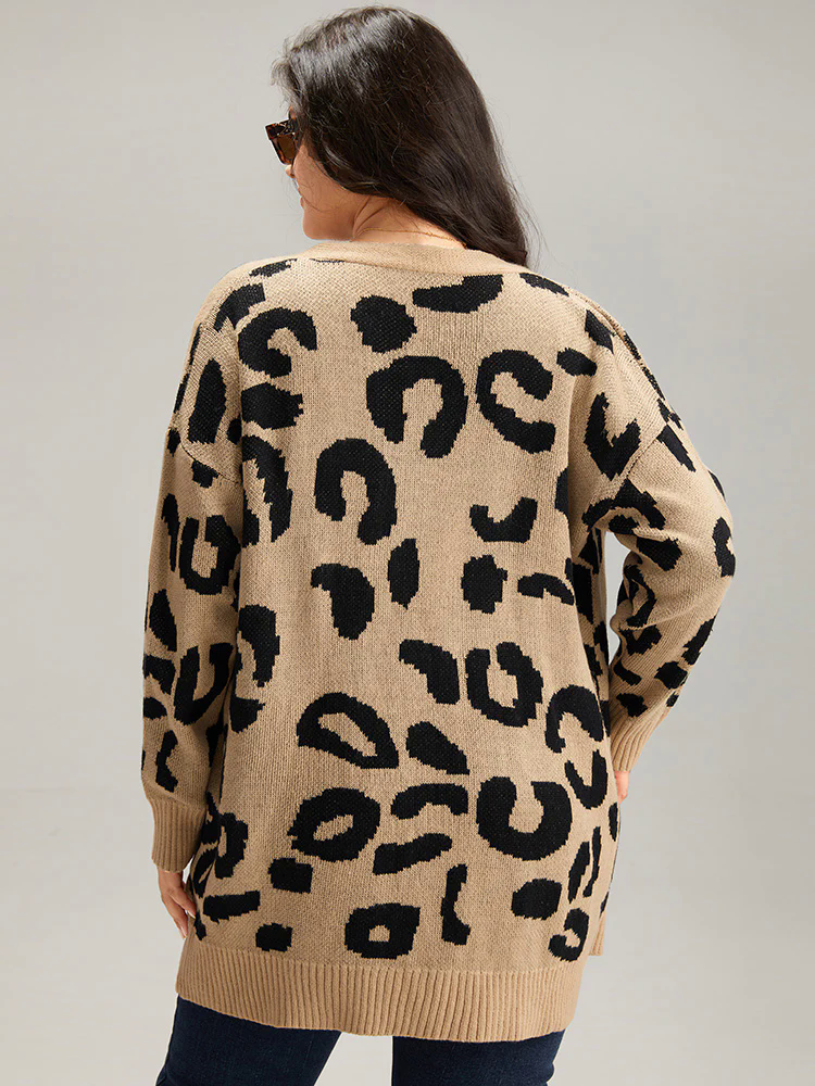 Leopard Elastic Cuffs Drop Shoulder Cardigan