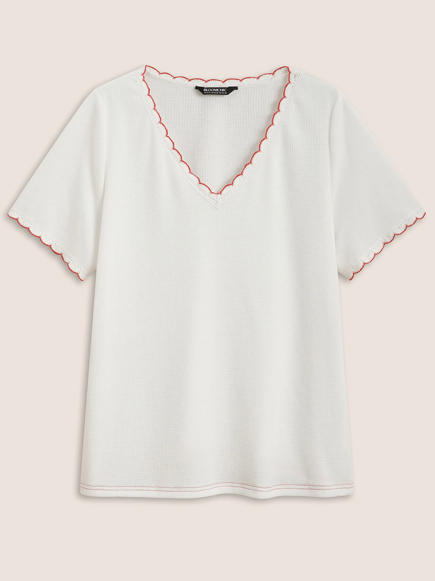 V Neck Texture Contrast Woven Ribbon T-shirt V Neck Texture Contrast Woven Ribbon T-shirt