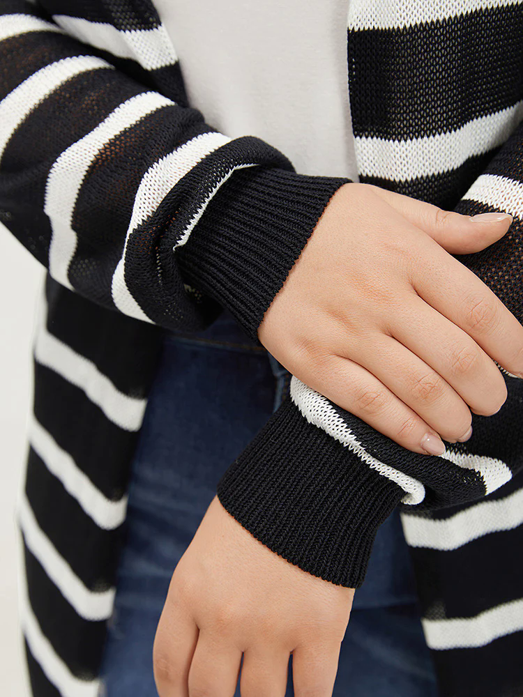 Striped Open Front Elastic Cuffs Drop Shoulder Cardigan