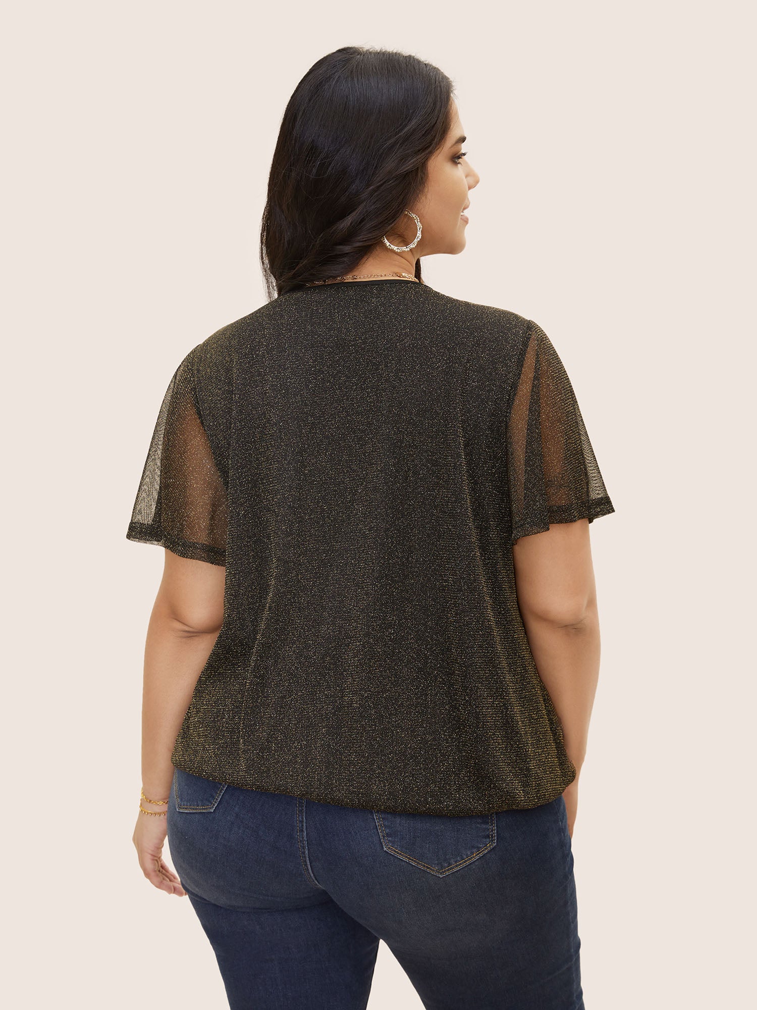 Overlap Collar Metallic Luster Knitted Mesh Blouse