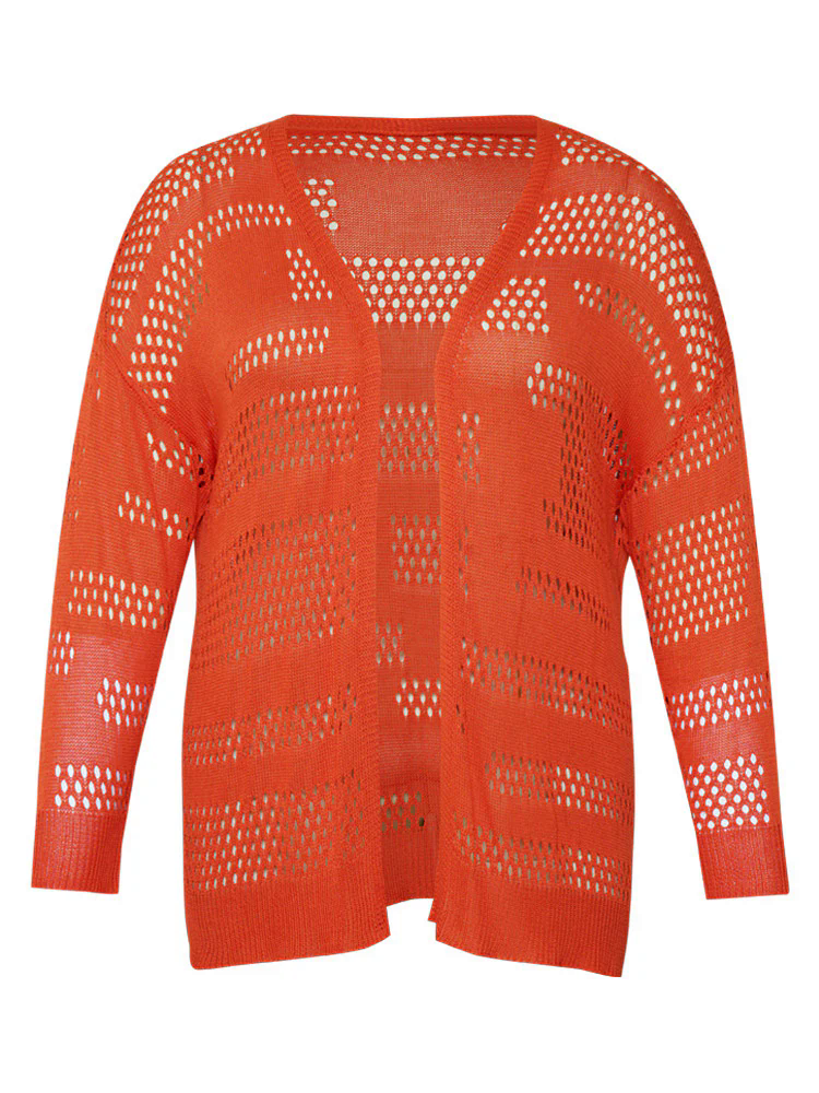 Plain Open Front Elastic Sleeve Cut Out Cardigan