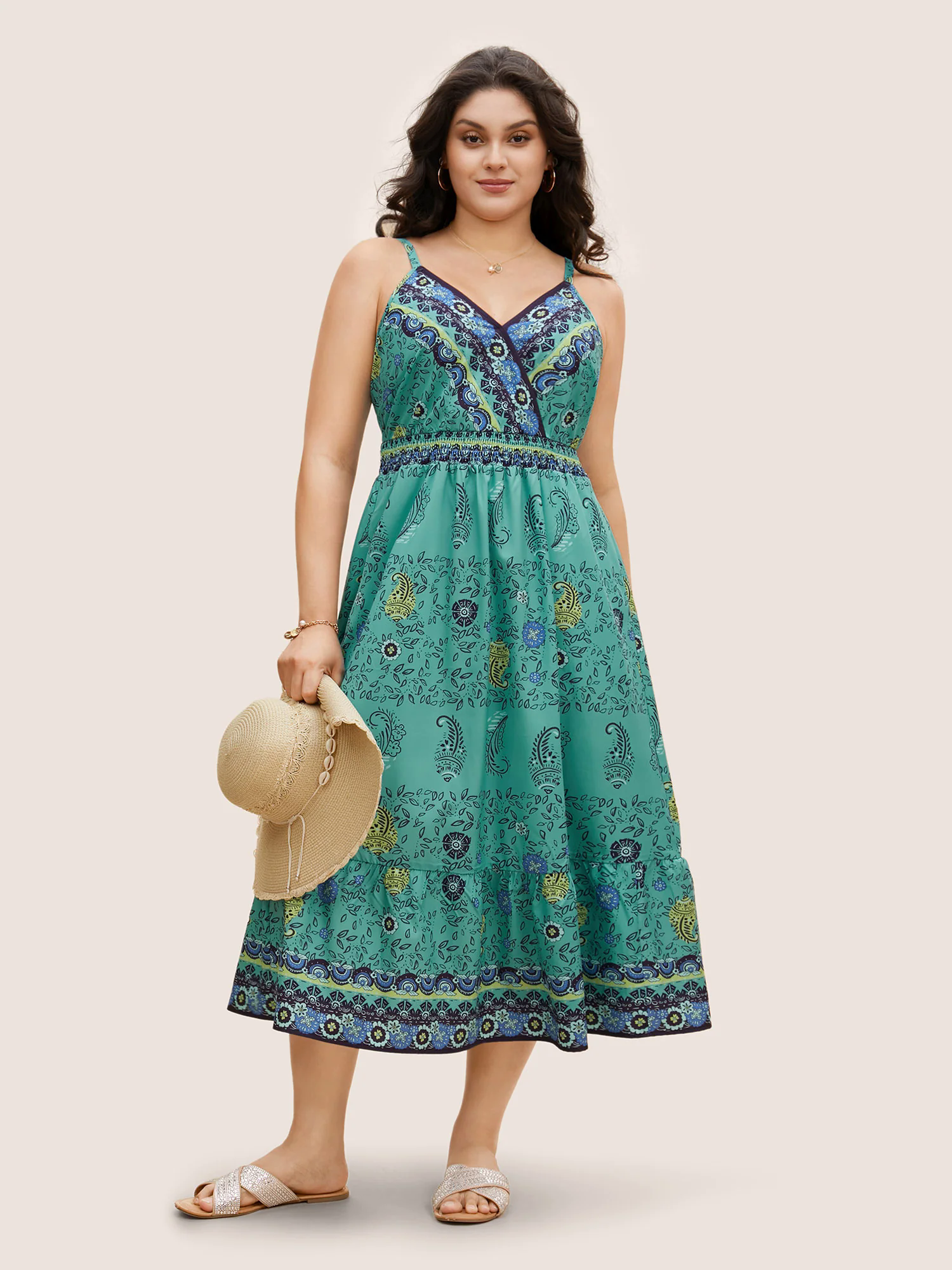 Paisley Print Overlap Collar Shirred Cami Dress