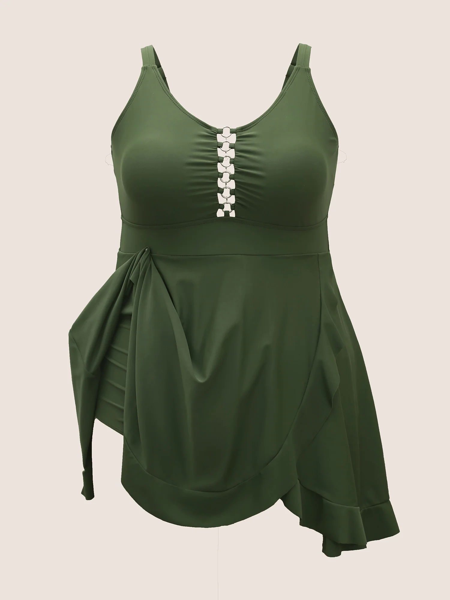 Solid O Ring Buckle Detail Ruffle Trim Swim Dress Solid O Ring Buckle Detail Ruffle Trim Swim Dress