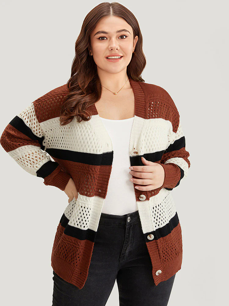 Colorblock Contrast Geo Eyelet Button Through Cardigan