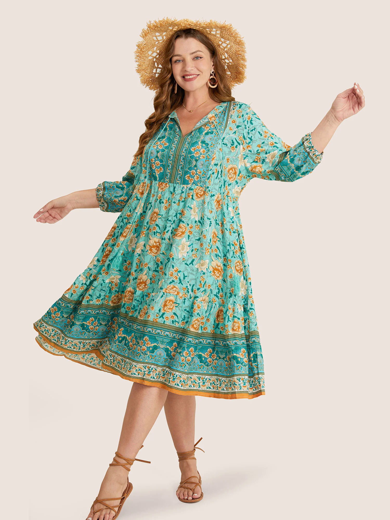 Bandana Tassels Lantern Sleeve Ruffle Pocket Keyhole Neck Dress Bandana Tassels Lantern Sleeve Ruffle Pocket Keyhole Neck Dress