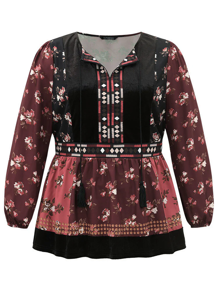 Velvet Floral Contrast Knot Neck Tassel Blouse Velvet Floral Contrast Knot Neck Tassel Blouse