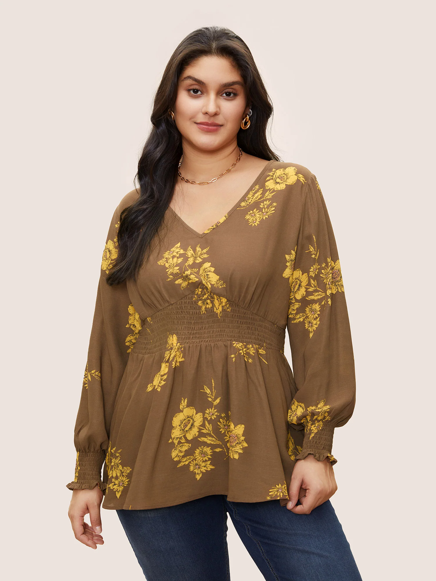 Shirred Floral Elastic Waist Lantern Sleeve Blouse Shirred Floral Elastic Waist Lantern Sleeve Blouse