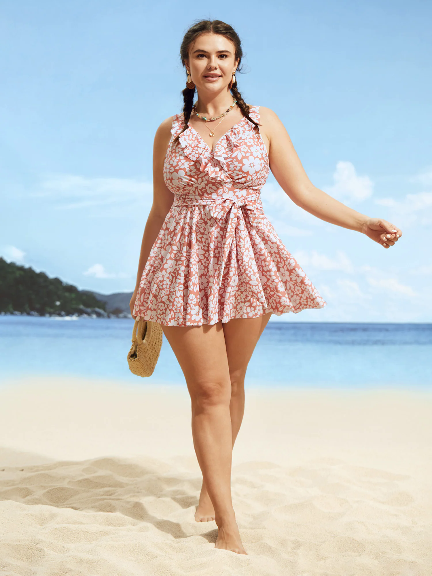 Floral Tie Knot Patchwork Ruffles Swim Dress Floral Tie Knot Patchwork Ruffles Swim Dress