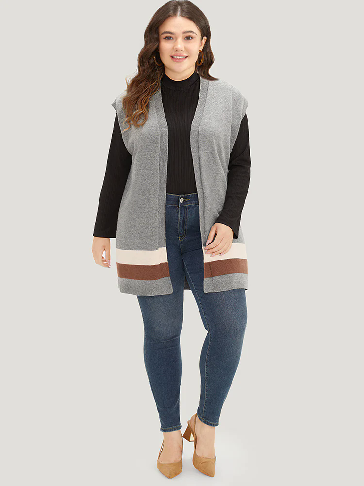 Colorblock Contrast Sleeveless Open Front Tunic Cardigan Colorblock Contrast Sleeveless Open Front Tunic Cardigan