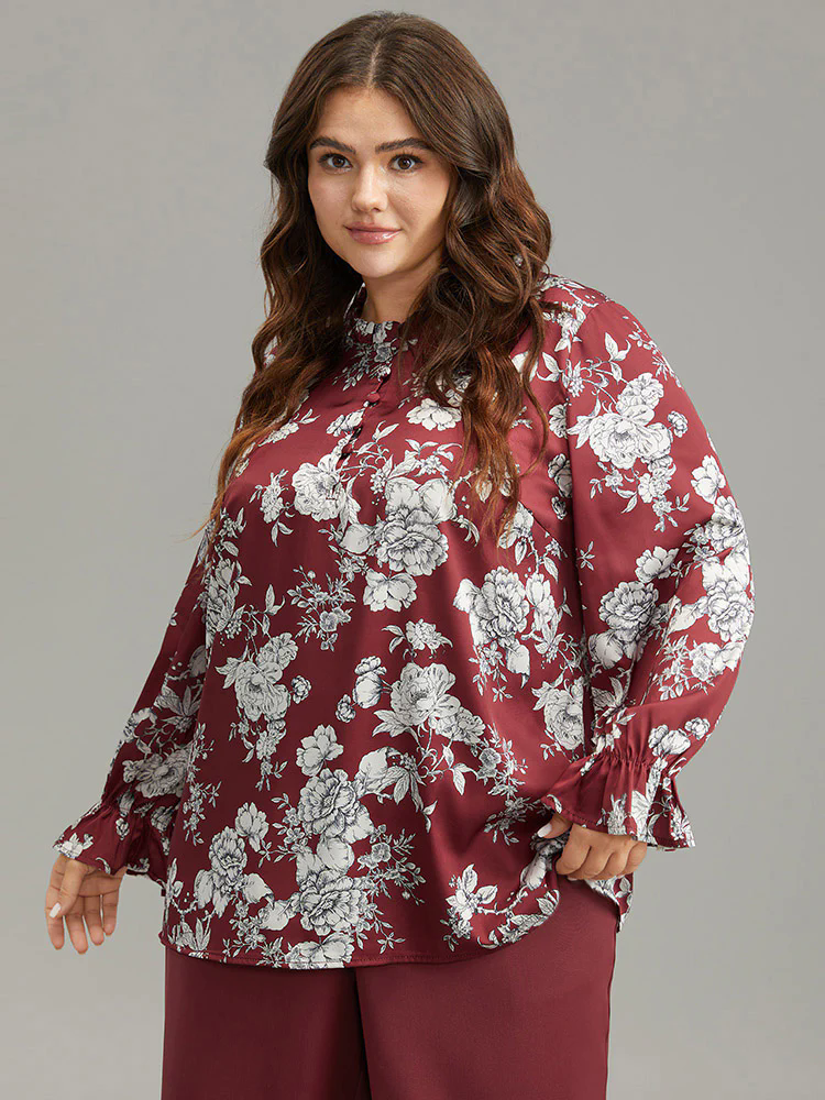 Silhouette Floral Print Frill Trim Button Detail Blouse Silhouette Floral Print Frill Trim Button Detail Blouse
