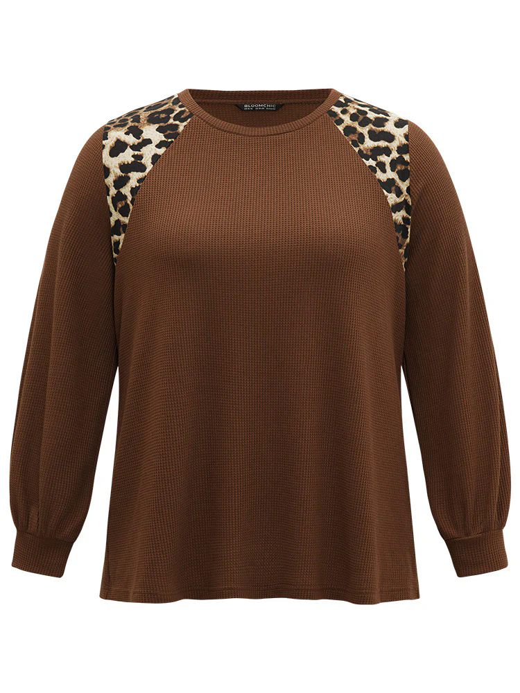 Leopard Patchwork Waffle Knit Elastic Cuffs T-shirt Leopard Patchwork Waffle Knit Elastic Cuffs T-shirt